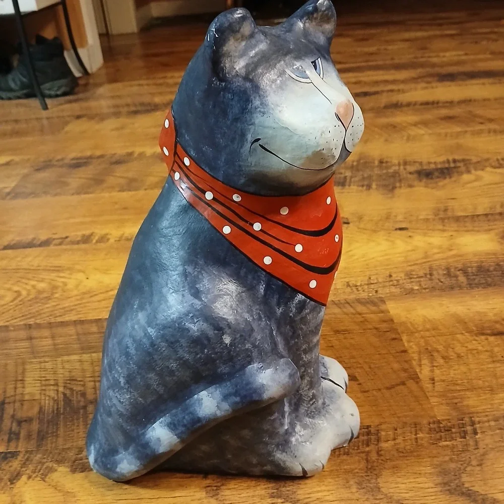 Vtg Paper Mache Cat Sitting Hand Painted Made In Thailand Red Bandana‎ Bow 14